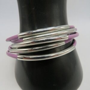 Purple Multi Strand Leather Bracelet Silver Tube Beads Magnetic Clasp 7.5 Inch